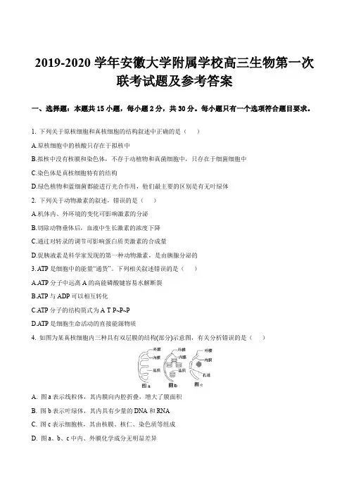 2019-2020学年安徽大学附属学校高三生物第一次联考试题及参考答案