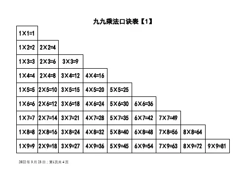 九九乘法口诀表(超清晰打印版,3种格式)