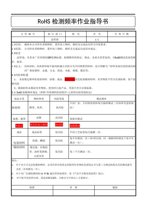 不干胶材料ROHS检测频率作业指导书