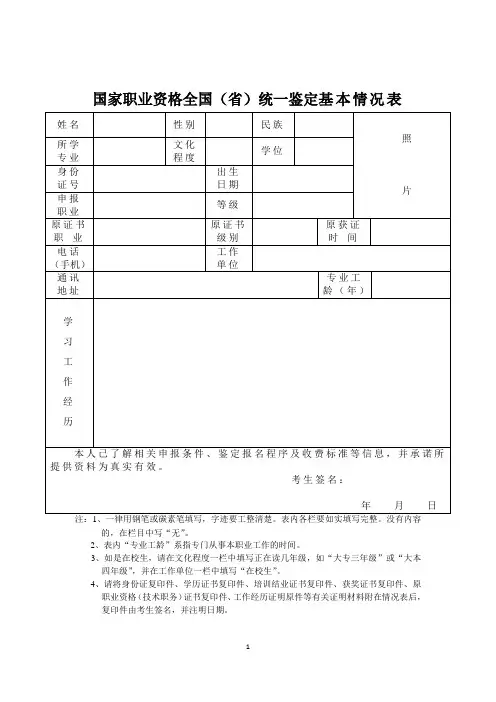 国家职业资格全国(省)统一鉴定基本情况表(河北)