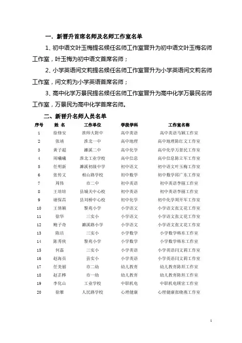 一新晋升首席名师及名师工作室名单