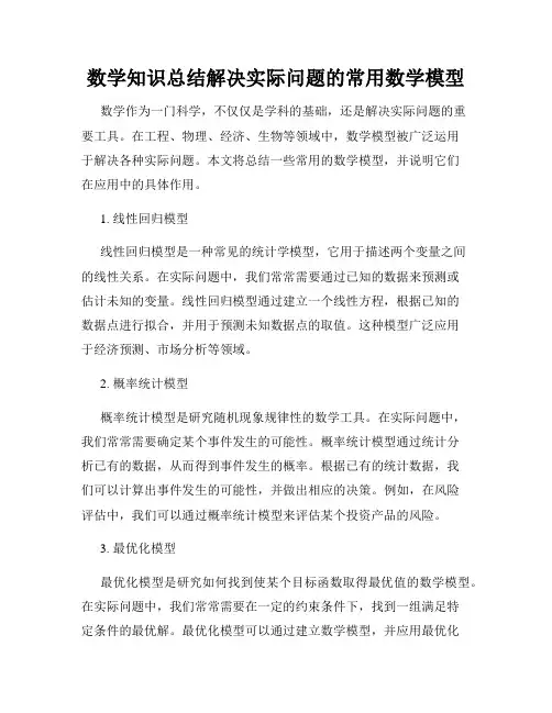数学知识总结解决实际问题的常用数学模型