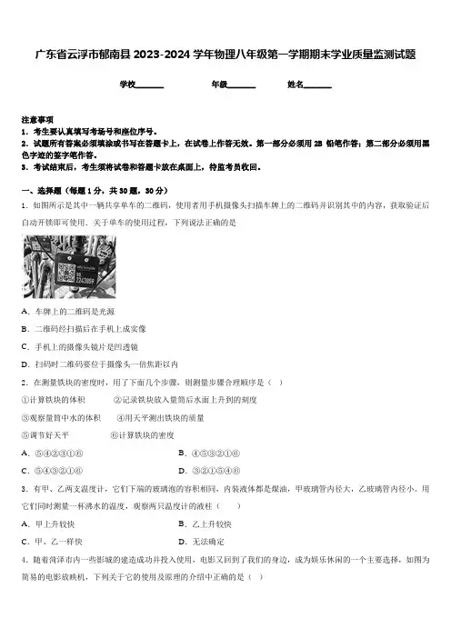 广东省云浮市郁南县2023-2024学年物理八年级第一学期期末学业质量监测试题含答案