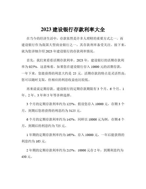 2023建设银行存款利率大全