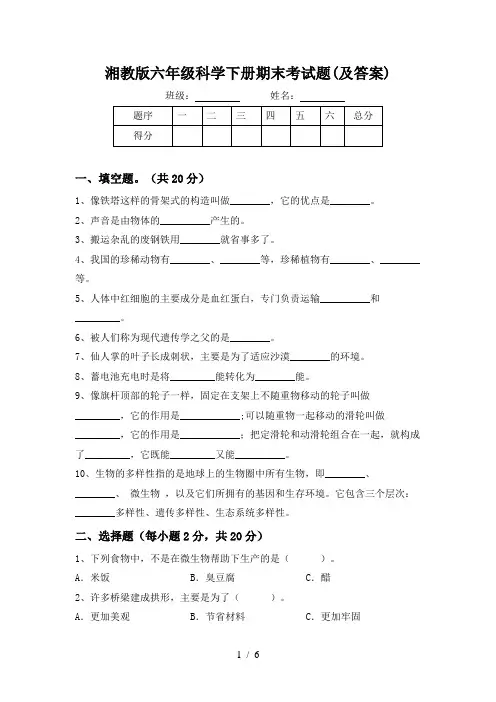 湘教版六年级科学下册期末考试题(及答案)