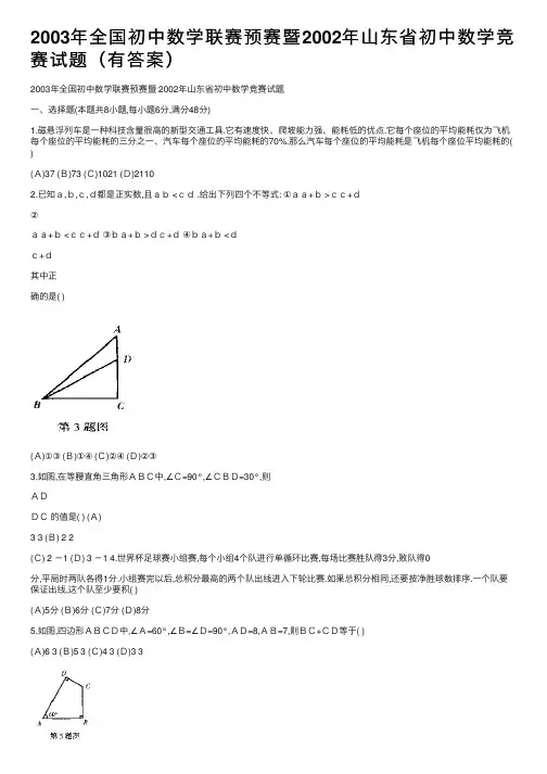 2003年全国初中数学联赛预赛暨2002年山东省初中数学竞赛试题（有答案）