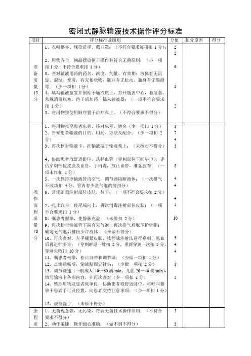 密闭式静脉输液技术操作评分标准(可编辑修改word版)