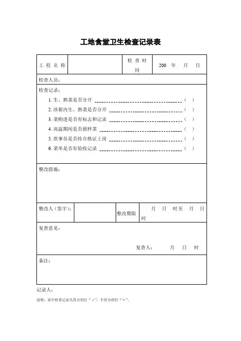 工地食堂卫生检查记录表