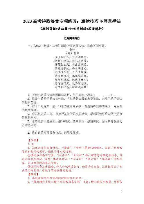 2023高考诗歌鉴赏专项练习：表达技巧4-写景手法(典例引领+方法技巧+巩固训练+答案解析)
