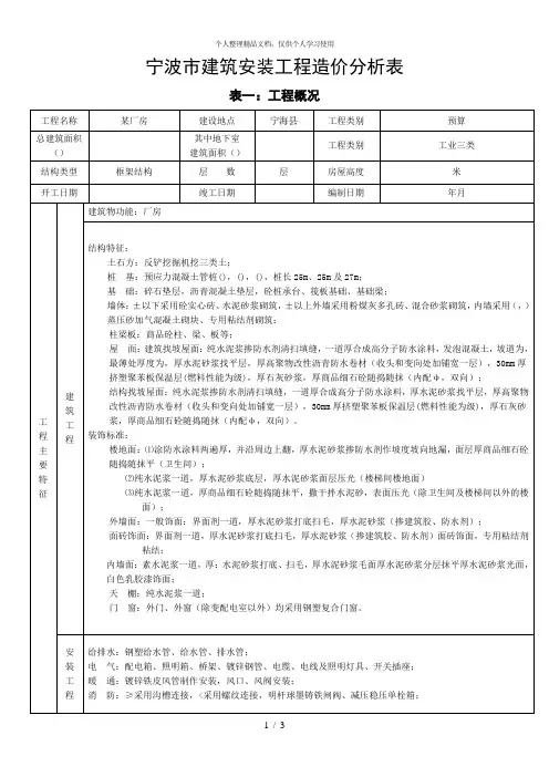 宁波市建筑安装工程造价分析表