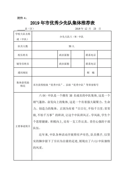 2019年市优秀少先队集体推荐表