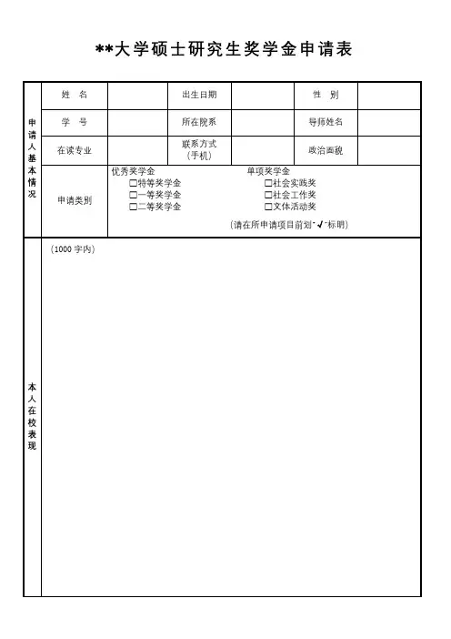 XX大学硕士研究生奖学金申请表【模板】