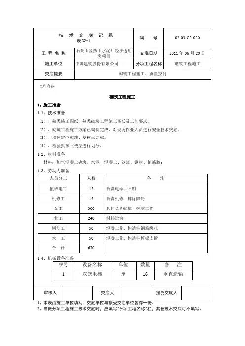 砌筑工程施工技术交底