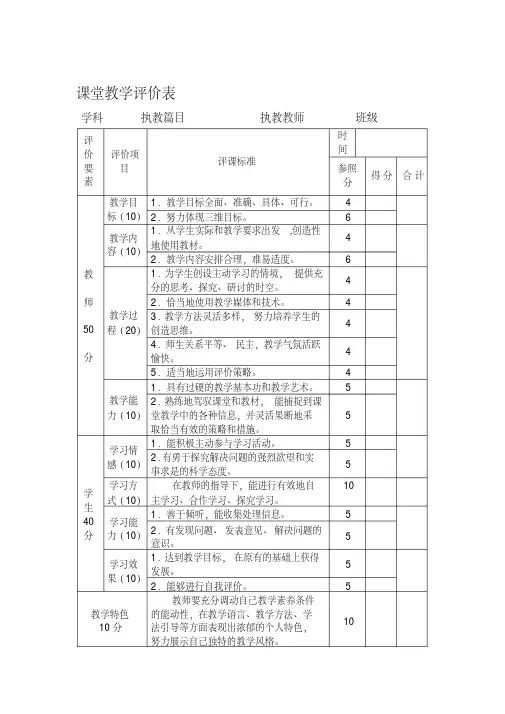 小学课堂教学评价表