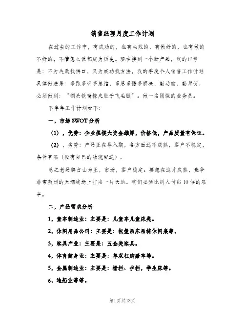 销售经理月度工作计划(5篇)