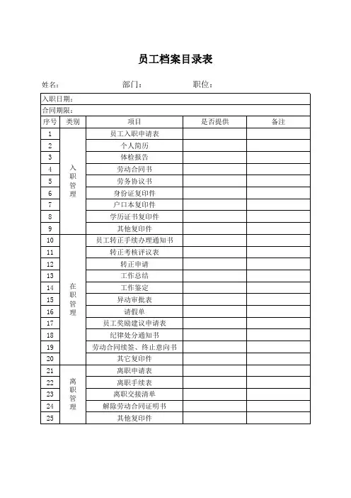 员工档案目录表