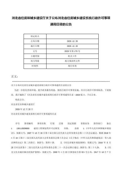 河北省住房和城乡建设厅关于公布河北省住房城乡建设系统行政许可事项通用目录的公告-2020年第178号