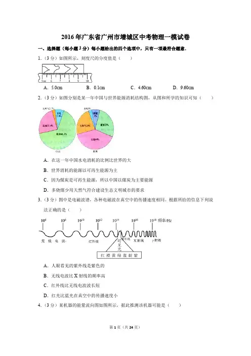 2016年广东省广州市增城区中考物理一模试卷和答案