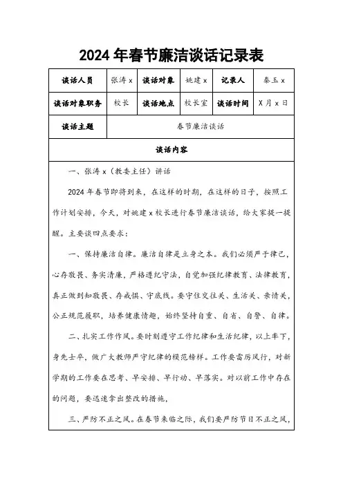 2024年春节廉洁谈话记录表