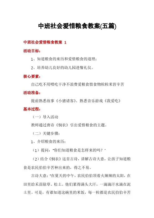 中班社会爱惜粮食教案(五篇)