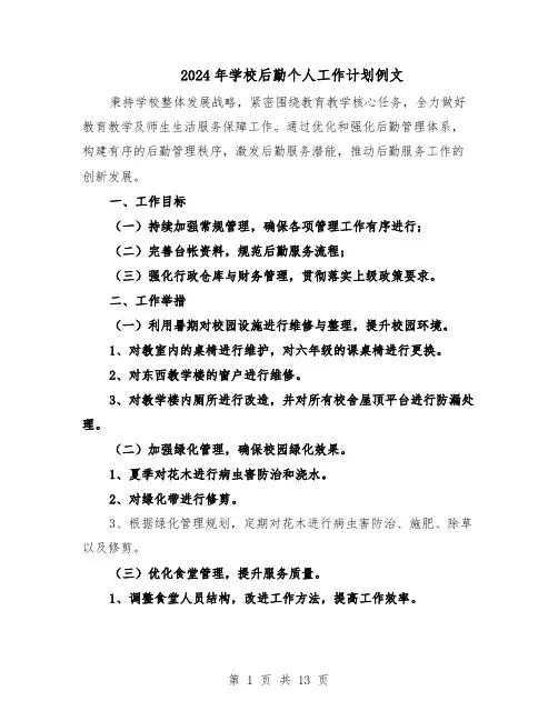 2024年学校后勤个人工作计划例文（五篇）