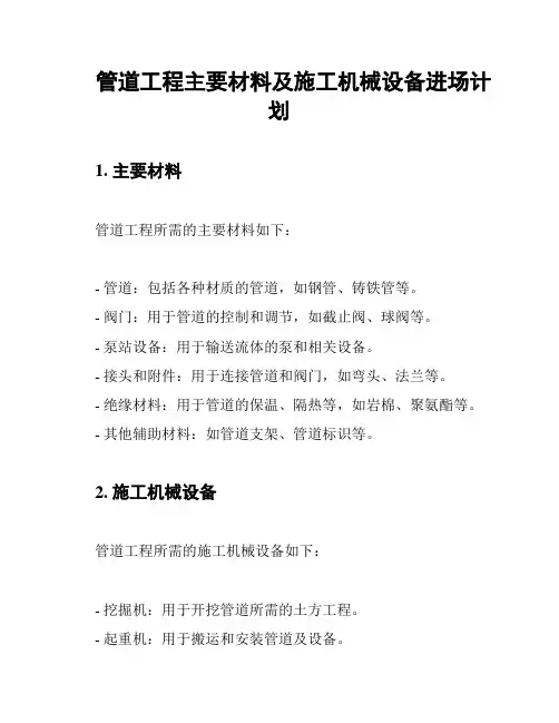 管道工程主要材料及施工机械设备进场计划