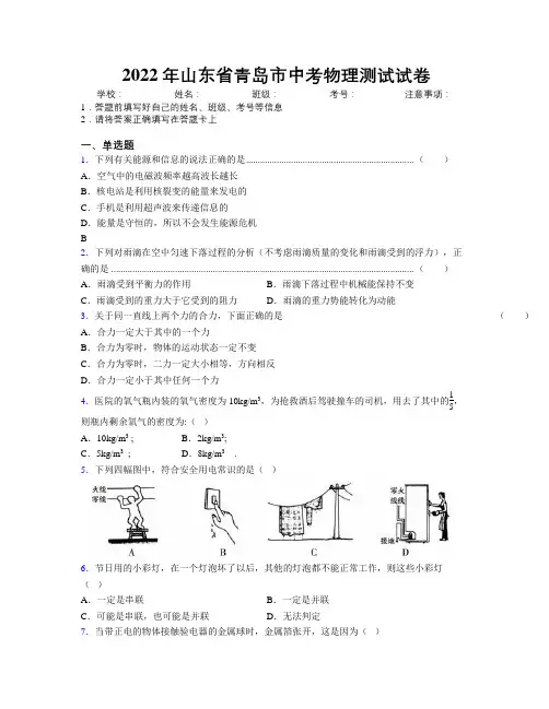 2022年山东省青岛市中考物理测试试卷及解析