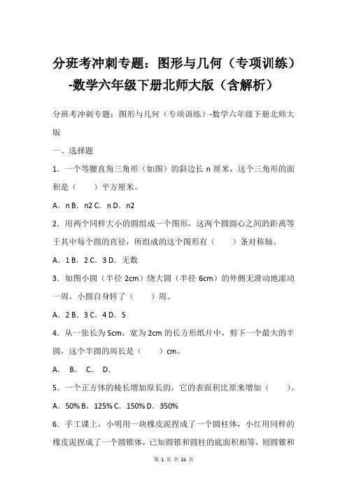 分班考冲刺专题：图形与几何(专项训练)-数学六年级下册北师大版(含解析)