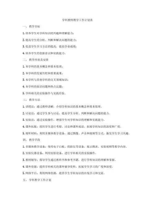 学科教师教学工作计划表