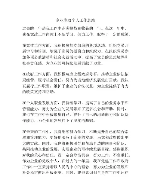 企业党政个人工作总结