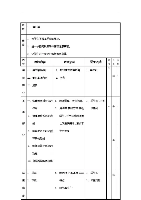 最新人教版六年级上册体育全册教案