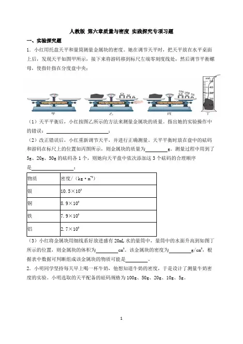 人教版物理八年级上册  第六章质量与密度 实践探究专项习题(有答案)