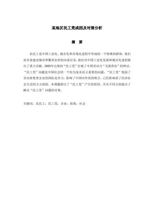 某地区民工荒成因及对策分析全文