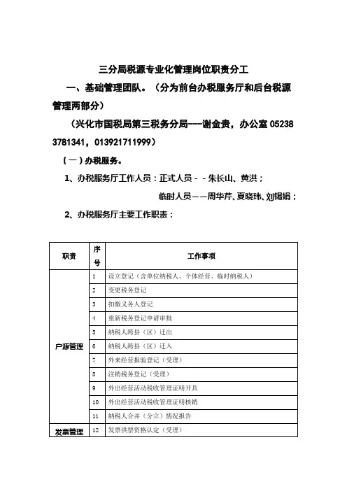 税源专业化管理岗位职责分工