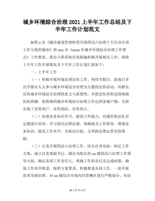 城乡环境综合治理2021上半年工作总结及下半年工作计划范文