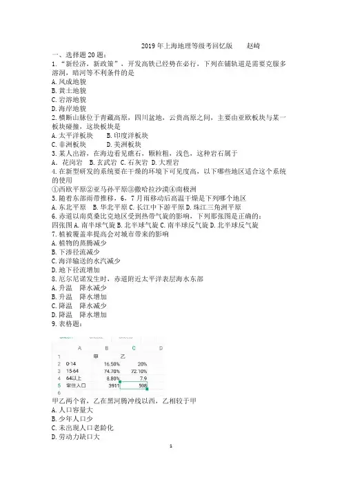 2019上海地市理等级考试卷