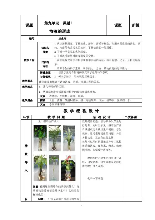 溶液的形成 初中九年级化学教案教学设计课后反思 人教版