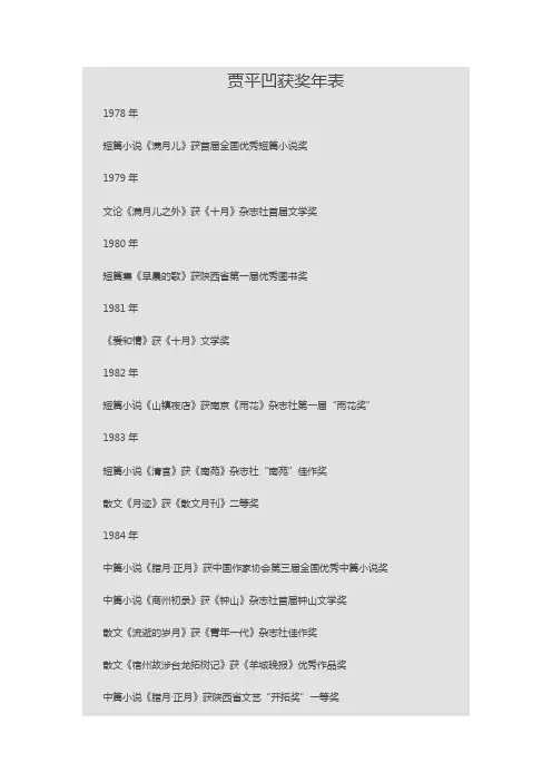 贾平凹作品年表
