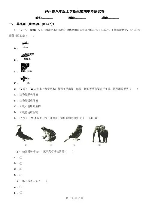 泸州市八年级上学期生物期中考试试卷