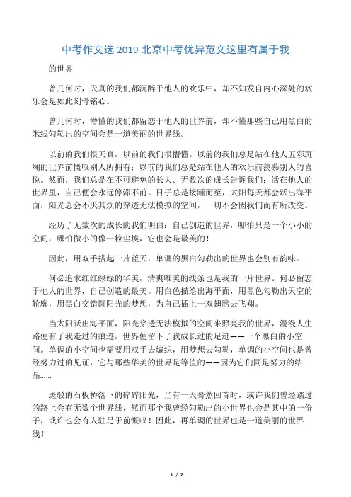 中考作文选2019北京中考优秀范文这里有属于我的世界