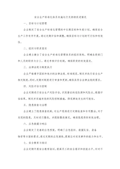 安全生产标准化体系实施运行及持续改进情况