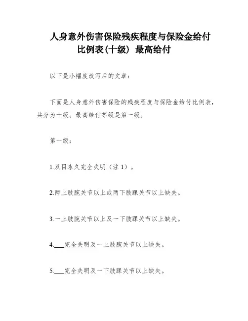 人身意外伤害保险残疾程度与保险金给付比例表(十级) 最高给付