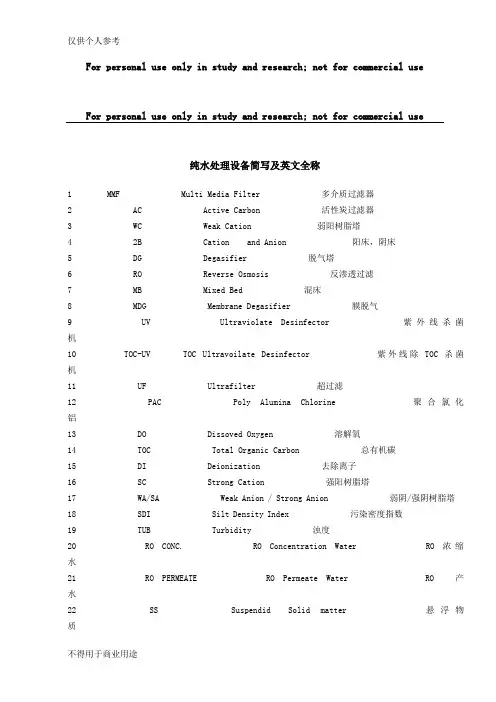 纯水处理设备简写及英文全称