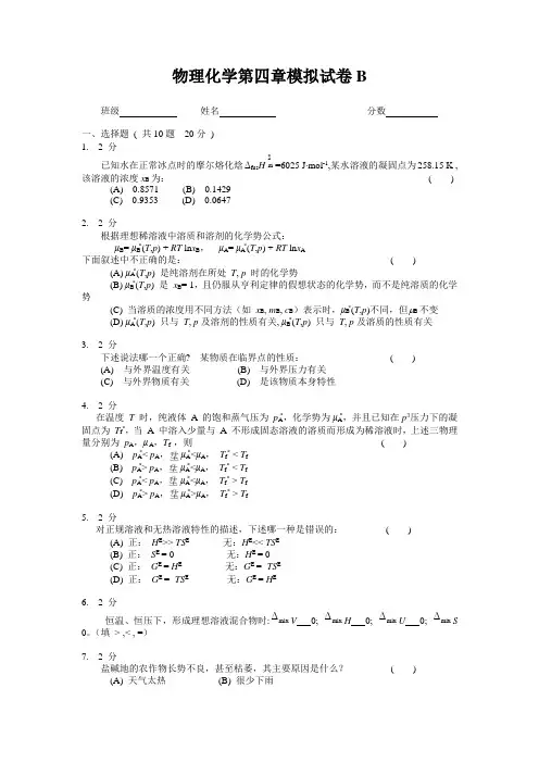 物理化学第四章模拟试卷B及答案