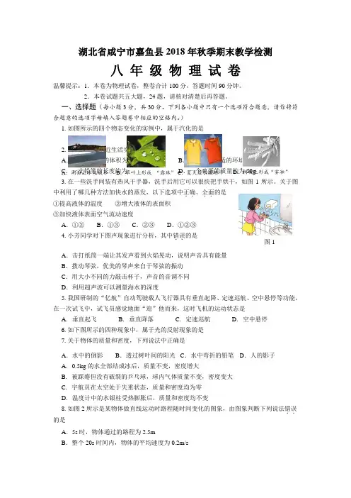湖北省咸宁市嘉鱼县2018-2019学年八年级第一学期期末物理试卷及答案