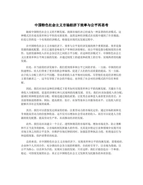 中国特色社会主义市场经济下效率与公平再思考