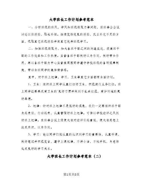 大学班长工作计划参考范本（3篇）