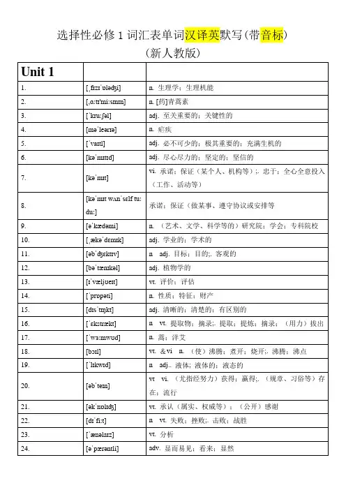 人教版选修1词汇表单词汉译英默写 (带音标) 