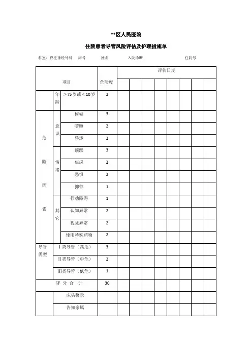 住院患者导管风险评估及护理措施单