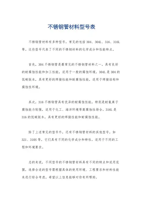 不锈钢管材料型号表